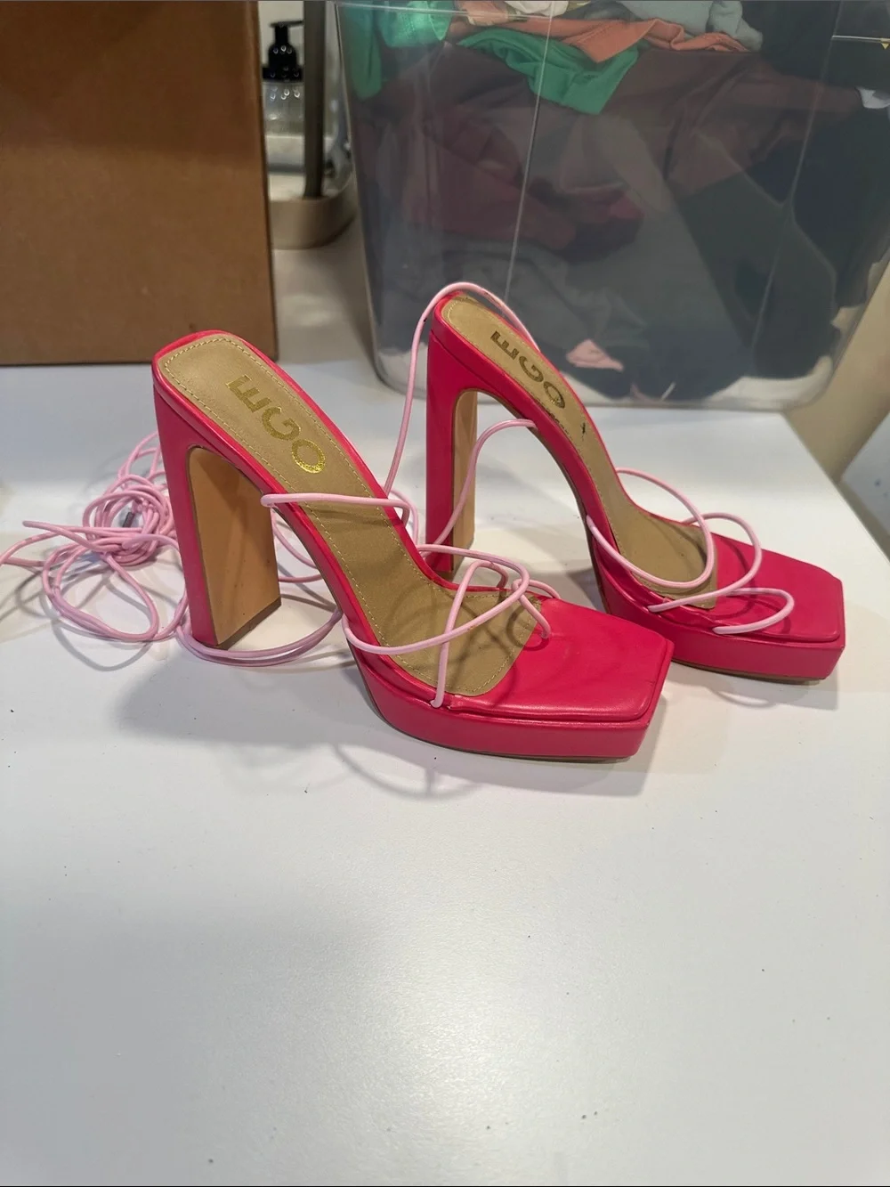 EGO Hot Pink Square-Toe Lace-Up Block Heels with Pale Pink Straps
